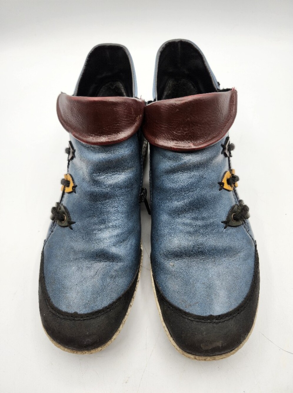 Rieker Two-Tone Blue Leather Slip-On Loafers with Burgundy Collar
